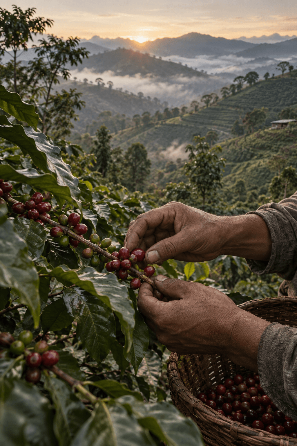 Coffee cherries being hand-picked on a high-altitude farm