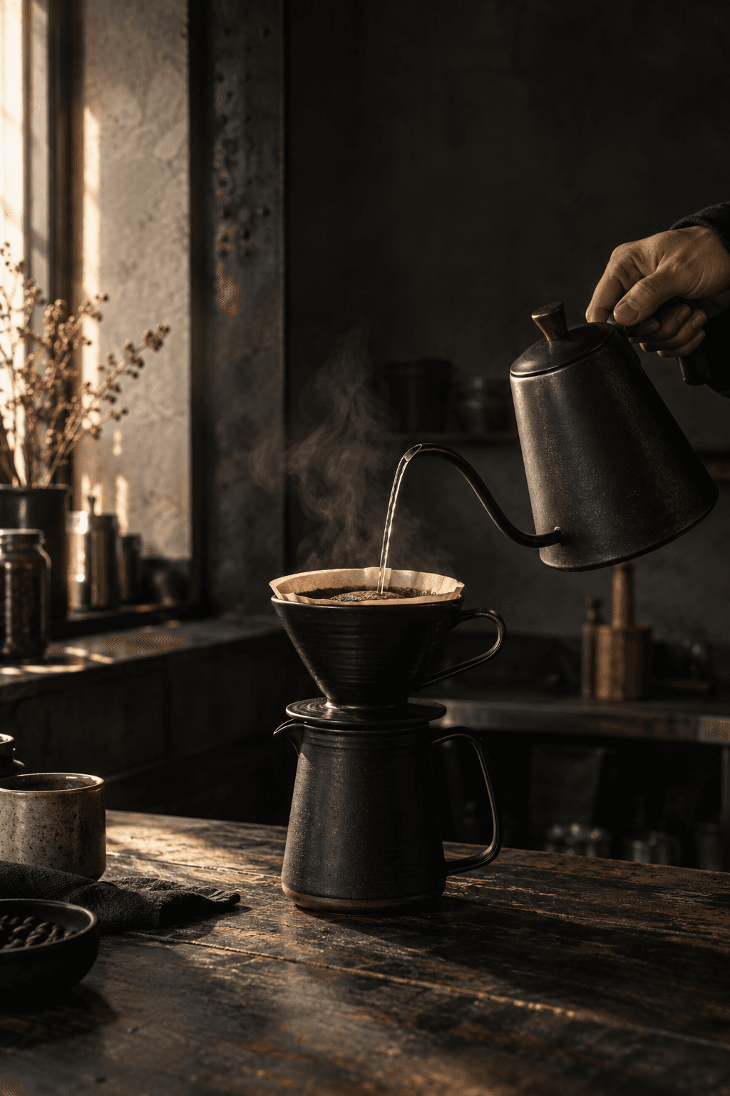 Hand brewing pour-over coffee in a dark café