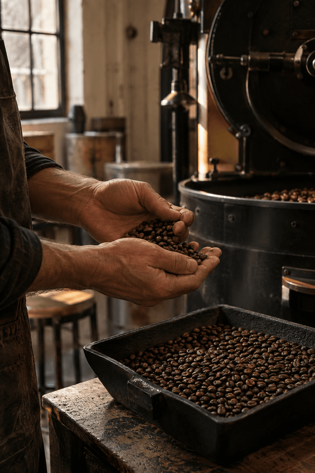 Roaster inspecting coffee beans beside the roasting machine